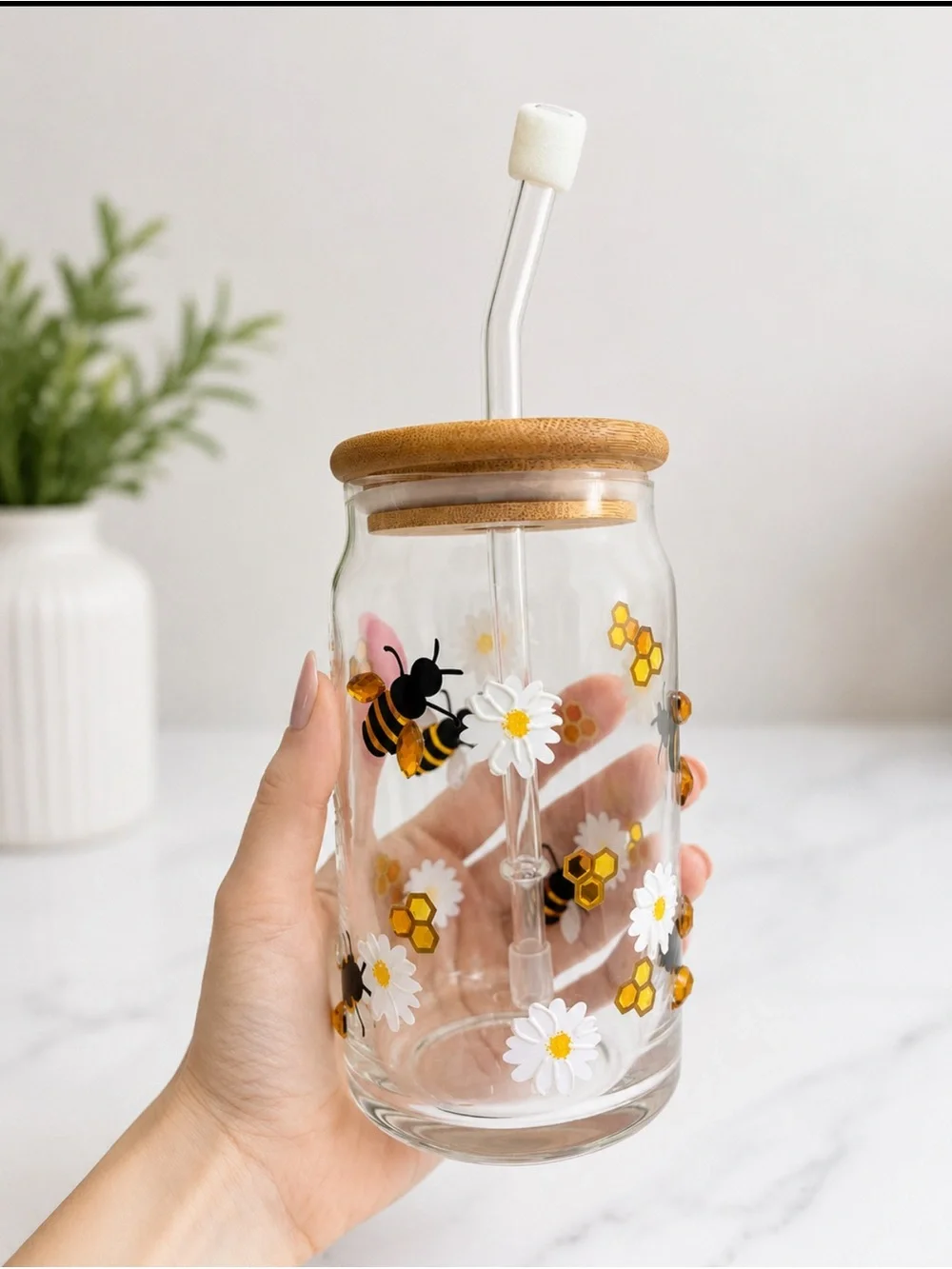 Bee & Daisy Glass Tumbler with Bamboo Lid and Straw - Clear